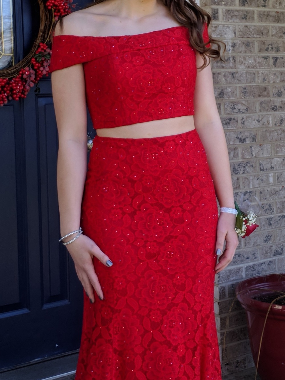 La Femme Red Off-Shoulder Lace Two-Piece Prom Dress